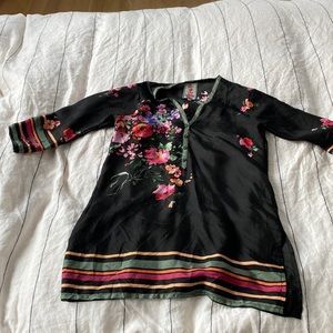 Johnny Was silk tunic with bright floral pattern.